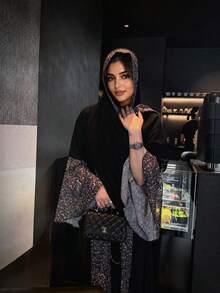 Hafizah 2pcs Women's Summer Leopard Print Patchwork Robe With Headscarf Set Black Spring Fall - Black - View 5
