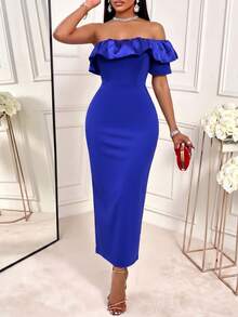 AIJ Women's Royal Blue Solid Color Cold Shoulder Ruffle Short Sleeve Fitted Midi Dress, Elegant Dress, Party Dress, Wedding Guest Dress, Formal Dress, Christmas Outfit - Royal Blue - View 8