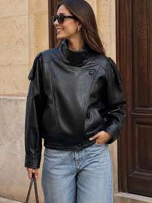 Women's Autumn Elegant Street Style Jacket, Asymmetric Button Pocket Long Sleeve Black Loose Fit Zip-Up Slim Jacket - Black - View 2
