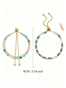 Camhanno 2pcs Green Rectangular Zirconia & Natural Mixed Color Stone Beaded Bracelet Set, Gold-Tone Stackable Bohemian Style Women's Jewelry - Multicolor - View 6