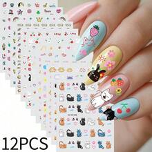 Japanese Cartoon Self-Adhesive Nail Stickers, 12pcs Cute Cat & Rabbit Nail Art Decals - One Size - View 2