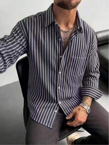Men's Vertical Striped Long Sleeve Shirt, Turn-Down Collar Design, Chest Pocket, Front Button Closure, Loose Fit, Casual Daily Wear - Multicolor - View 3
