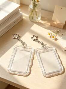 Transparent Wave-Edge Card Holder With Pearl Chain Star Clasp, Y2k Style Transparent Hard-Shell Protective Case,Suitable Hold Id Cards, Bank Cards - Multicolor - View 1
