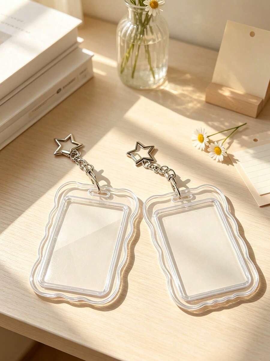Transparent Wave-Edge Card Holder With Pearl Chain Star Clasp, Y2k Style Transparent Hard-Shell Protective Case,Suitable Hold Id Cards, Bank Cards - Multicolor - View 1