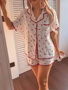 2pcs Women's Comfortable Red Heart Print Short Sleeve Collared Top And Shorts Pajama Set, Suitable For All Seasons - White - View 3