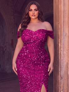 Plus Size Elegant Cold Shoulder Long Dress, Sequin Mermaid High Slit Fitted Cut, Suitable For Photography, Beach Vacation, Resort And Ball - Hot Pink - View 3
