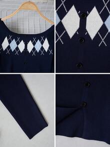 Women's Cold Shoulder Argyle Jacquard Knit Sweater, Royal Blue, Sexy Style, Button-Front, Slit Waist, Slim Fit, Long Sleeve Top - Royal Blue - View 9