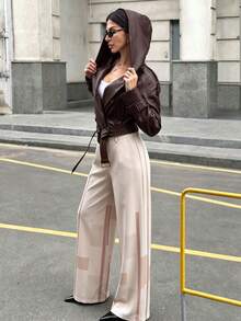 Women's Beige Geometric Color Block Striped High Waist Pleated Wide Leg Suit Pants, Button Fly Draped Floor-Length Casual Straight Leg Trousers - Multicolor - View 4