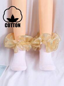 1 Pair Cotton All-Season Children Middle/Small Kids Solid Color Lace Ruffle Short Socks, Dance Socks, Princess Baby Socks - Gold - View 7