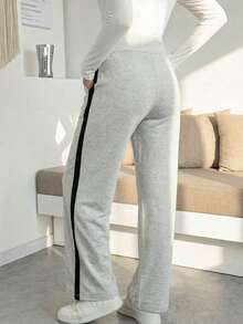 Bump Style Maternity Pants Light Grey Stretchy Over Bump Wide Leg Side Stripe Pregnancy Trousers For Daily Wear - Light Grey - View 2