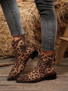 Women's New Autumn/Winter Ankle Boots & Ankle Boots, Suede Pointed Toe Square Heel Elastic Slim Fit, Back Zipper Leopard Print Versatile Commuter Low Heel Ankle Boots - Leopard - View 4
