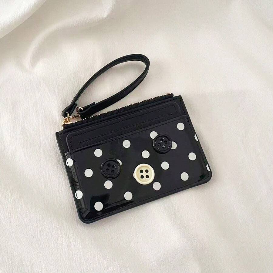 محفظة صغيرة للنساء بتصميم نقاط بولكا لطيف مع زر 3D وزخرفة، حقيبة معصم بسحاب لمحفظة العملات المعدنية - متعدد الألوان - مشاهدة 1