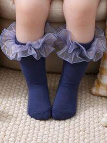 1 Pair Baby Girl Mesh Ruffle Mid-Calf Socks, Navy Blue Princess Lace Slouch Socks, Versatile Infant Toddler First Birthday Outfit Long Socks - Navy Blue - View 3
