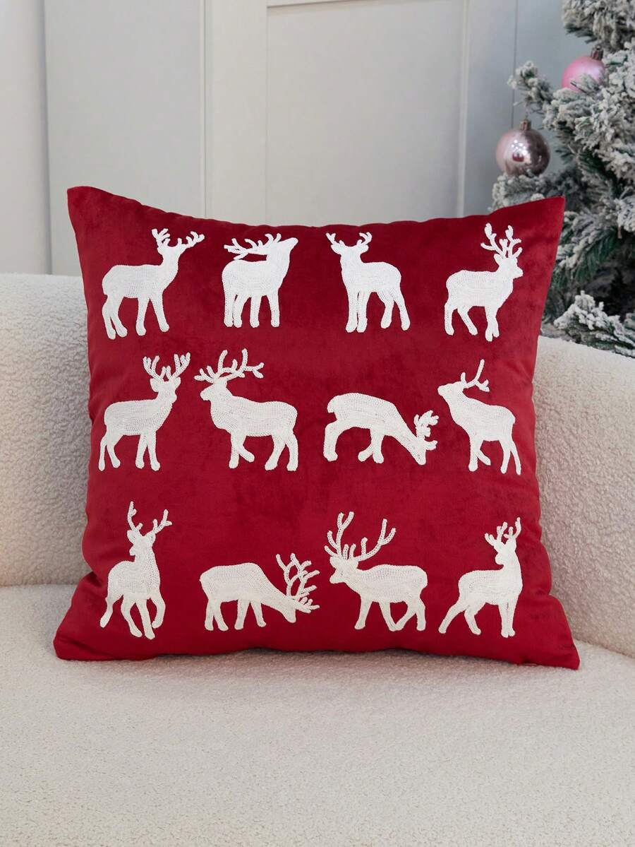 1pc Christmas Red Reindeer Embroidered Pillow Case, Suitable For Indoor Decoration, Christmas Decoration, All Season Pillow Case, Without Insert