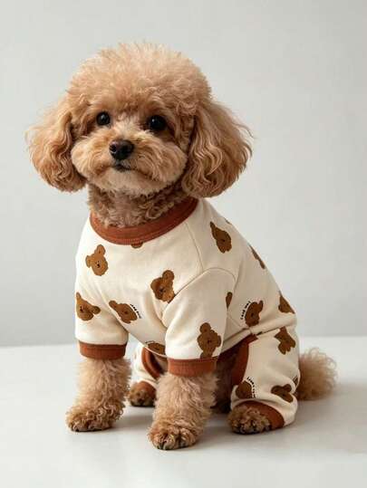 1pc Pet Dog Clothes Autumn Winter Small Dog Four-Legged Print Bear Home Wear