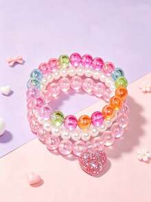 3pcs/Set Girls Cute Heart Pendant Bracelet Set, Charming Beaded Children Jewelry Bracelet, Daily Party Gift For Girls - one-size - View 1