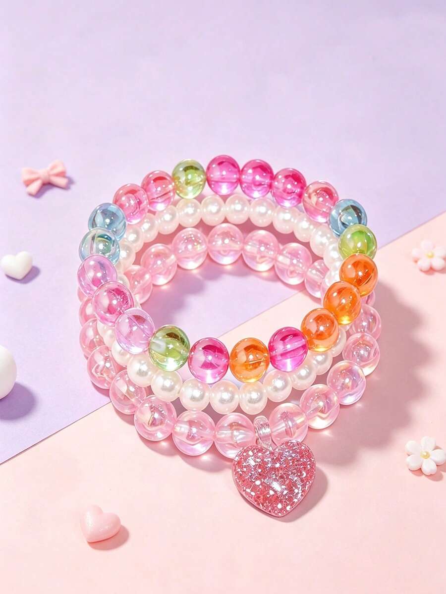 3pcs/Set Girls Cute Heart Pendant Bracelet Set, Charming Beaded Children Jewelry Bracelet, Daily Party Gift For Girls - one-size - View 1
