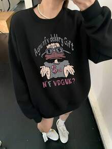 Unisex Cartoon Fashion Glasses Duck Front Print Black Crew Neck Sweatshirt, Streetwear Style, Versatile Autumn/Winter Sweatshirt - Black - View 6
