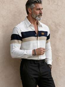 GOLDREDY Men's Japanese Style Contrast Color Wide Stripe Textured Jacquard Fabric Turn-Down Collar Casual Woven Label Decor Long Sleeve Shirt - White - View 5