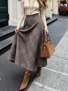 DONICY Women's Brown Base Diagonal Plaid High Waist A-Line Midi Skirt, Flowy Hem Long Skirt, Suitable For Spring And Autumn Daily Wear - Brown - View 5