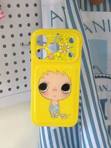 1PC Glossy Yellow Cartoon Big Eye Girl Phone Case, Glitter Floral Camera Frame, 3D Puffy Soft Full Coverage Protective Cover, Cute Girly Creative Niche Anti-Drop Case Compatible With Apple 17/16/15 Pro Max/15 Pro/15/15Plus/14 Pro Max/14 Pro/14Plus/14/13 Pro Max/13 Pro/13 Multiple Models - Yellow - View 5