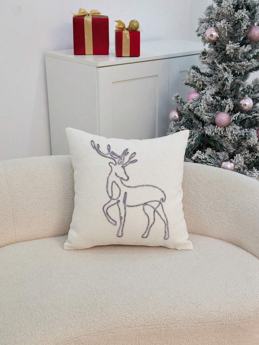 1pc Christmas Silver Reindeer Embroidered Pillow Case, Suitable For Indoor Decoration, Christmas Decoration, All-Season Pillow Case, Without Insert