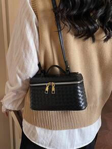 Woven Texture Decor Large Capacity Portable Dual Zipper Closure Vintage Luxury Style Handheld Box Bag, Suitable For Daily Commute, Dating, Girls Crossbody Small Bag, Versatile Personalized High-End Feel Makeup Pouch Fashion Item - Black - View 4