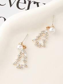 1 Pair Fashionable Pearl Christmas Tree Earrings For Women, Geometric Letter Niche Rhinestone Stud Earrings - Gold - View 2