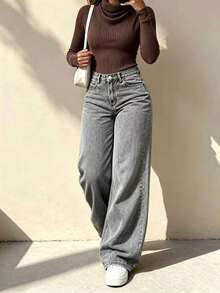 Women's Mid-Waist Grey Washed Wide Leg Jeans, Loose Straight Leg Denim Pants, Vintage Drape Floor-Length Trousers - Grey - View 2