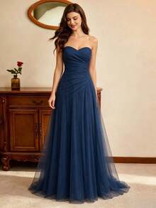 Vestido largo elegante sin tirantes para fiestas y eventos - Azul Marino - Ver 2