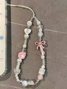 Cute Handmade Beaded Phone Charm, Sweet Macaron Color Beaded Phone Charm With Pink Bow And Cartoon Decoration - Pink - View 8