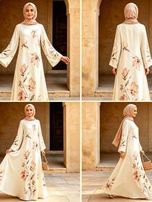 Elegant Women's Long Printed Abaya Dress, Round Neck, Regular Sleeves, Autumn Non-Stretch Knit Fabric - Multicolor - View 5