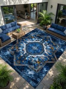 1PC Deep Blue & Gold Vintage Symmetrical Totem Retro Luxury Crystal Velvet Rectangular Area Rug, Distressed Mottled Artistic Details, Machine Washable, Suitable For Living Room, Bedroom Home Decor, All Seasons, Aesthetic Home Decoration - Multicolor - View 4