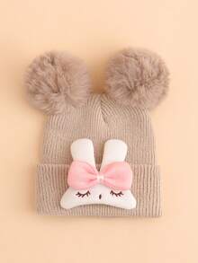 3PCS Baby Double Pom Pom Bow Rabbit Applique Folded Knit Hat, 3 Fashionable Minimalist Color Options, Cute Versatile Accessory For Baby Soft Adorable Look, Suitable As Gift - Multicolor - View 5