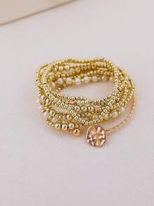9pcs Bohemain CCB Faux Pearl Bracelet Set Cross Multi-Layer Stackable Bracelets For Women Vintage Party Wedding Jewelry Gifts - Yellow Gold - View 5