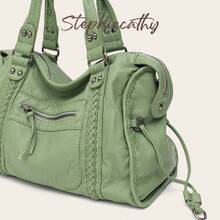STEPHIECATHY Fashion Casual Cool Street Style Soft Brushed Washed PU Faux Leather Zipper Pocket Braided Large Capacity Fits 13 Inch Laptop Slouchy Silhouette Bag - Mist Green - View 4