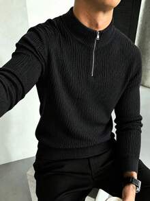 Men's Half-Zip Stand Collar Knit Sweater, Solid Color Ribbed Texture Pullover, Business Casual Commute Thickened Top, Autumn/Winter - Black - View 8