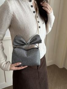 Glossy Bow Evening Clutch, Party Handbag, Wristlet, Shoulder Crossbody Bag - Grey - View 6
