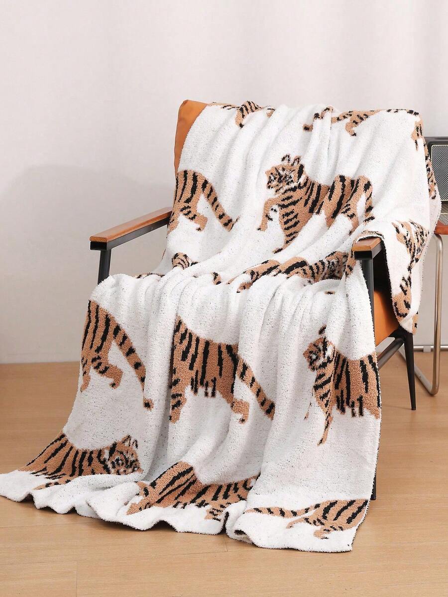 1pc Half-Flannel Knit Blanket Throw, Office Nap Sofa Blanket, Air Conditioning Blanket - Tiger Rice - View 1