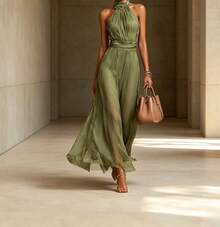 Women Long Dresses - Olive Green - View 1