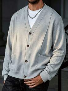 Spring/Autumn Gray V-Neck Single-Breasted Men's Cardigan Sweater, Casual Everyday Versatile Top - Grey - View 2