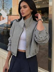 Women's Autumn Plaid Woven Fabric Stand Collar Short Jacket With Zipper And Button Double Breasted Hem Drawstring Loose Drop Shoulder Vintage Casual Style For Daily Commute Shopping And Outings - Black and White - View 4
