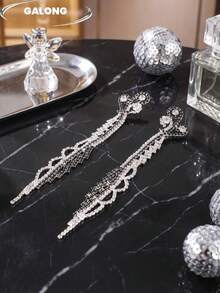 Cold Luxury! Black & White Rhinestone Long Tassel Earrings Rhombus Intertwined Design | Exaggerated Statement Earrings For Evening Parties - Silver - View 2