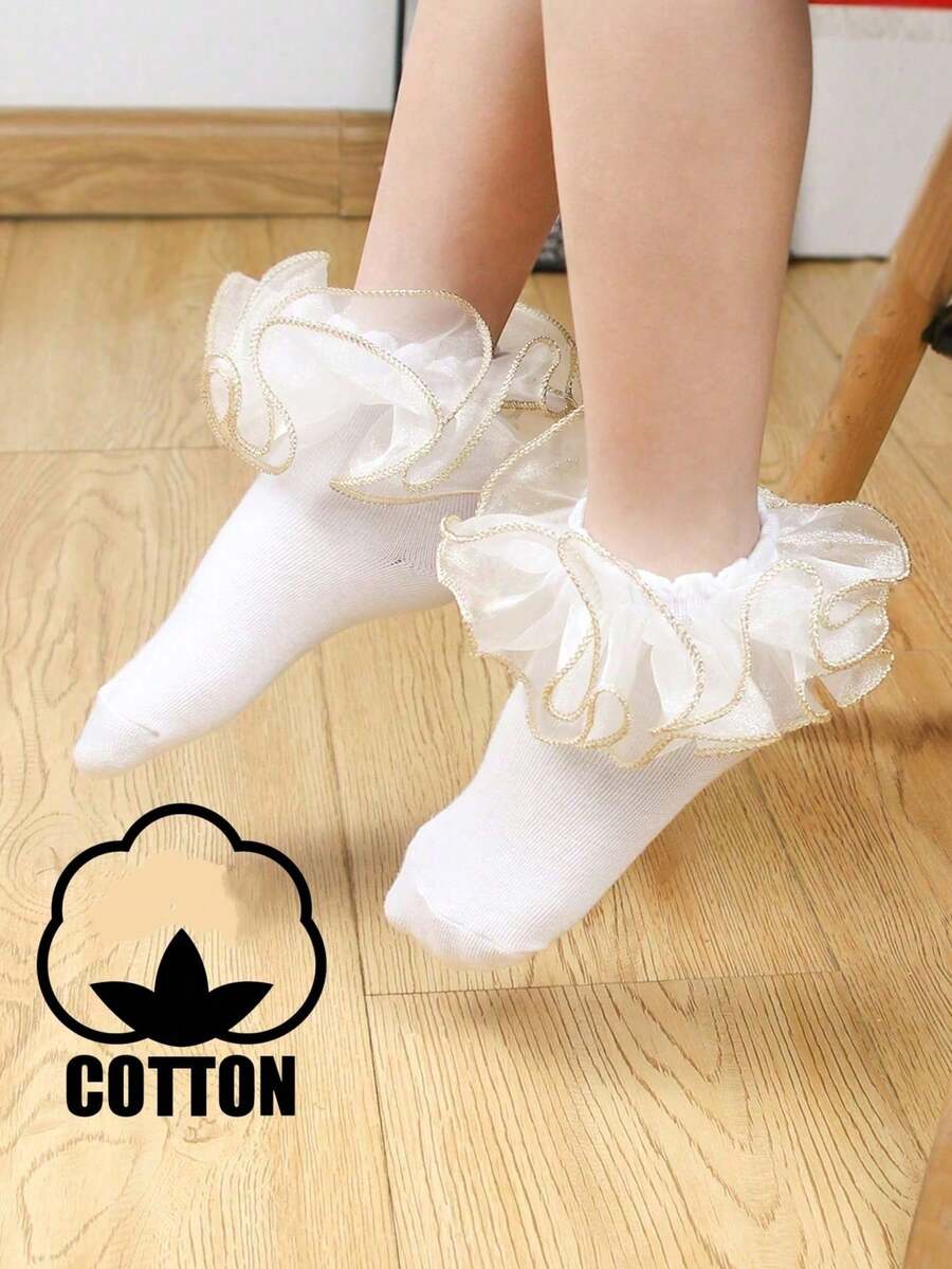1 Pair Cotton All-Season Children Middle/Small Kids Solid Color Lace Ruffle Ankle Socks, Dance Socks, Princess Baby Socks