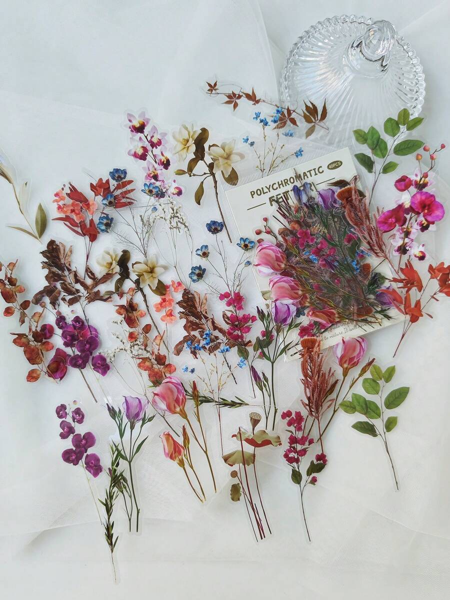 40pcs/Pack Vintage Floral Plant Notebook Decorative Stickers PET Material Decorative Stickers Suitable For Scrapbooking Labels Diary Notebook Stationery Photo Album Phone Book Notepad Planner Back To School - DT1772 - View 1