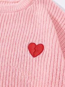 Women's Pink Knitted Long Sleeve Crew Neck Sweater, Heart Embroidery Design, Suitable For Autumn/Winter Wear, Cute, Comfortable And Slightly Stretchy - Pink - View 6