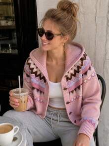 JIANHU Women's Pink Hooded Fair Isle Pattern Button-Up Cardigan, Suitable For New Year, Outdoor, Travel And Daily Wear - Pink - View 3