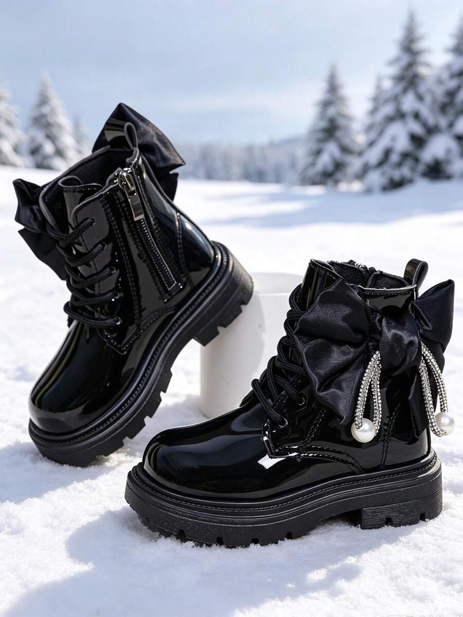 1 Pair Girls' Short Boots, Mirror PU + Fabric Bow & Pearl Decor, Round Toe, Elastic Soft Sole, Inner Zipper Design, Fashionable Cute Princess Style, Suitable For Daily, Holiday, Campus, Autumn/Winter New - Black - View 1