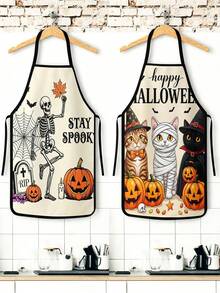 1pc/2pcs/4pcs Spooky Cute Halloween Printed Apron, Pumpkin Lantern Ghost Black Cat Spiderweb Bat Autumn Leaf Design, Adjustable Halter Neck Cooking Apron, Polyester Lightweight Apron, Halloween Party Decor, Chef Apron For Baking & Pumpkin Carving - Multicolor - View 2
