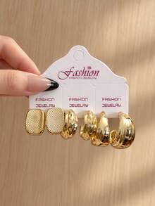 18/6pcs Women's Gold CCB Geometric Square Smooth C-Shaped Twisted Hoop Earrings Set, Suitable For Daily, Party, Commute Wear - Yellow Gold - View 7
